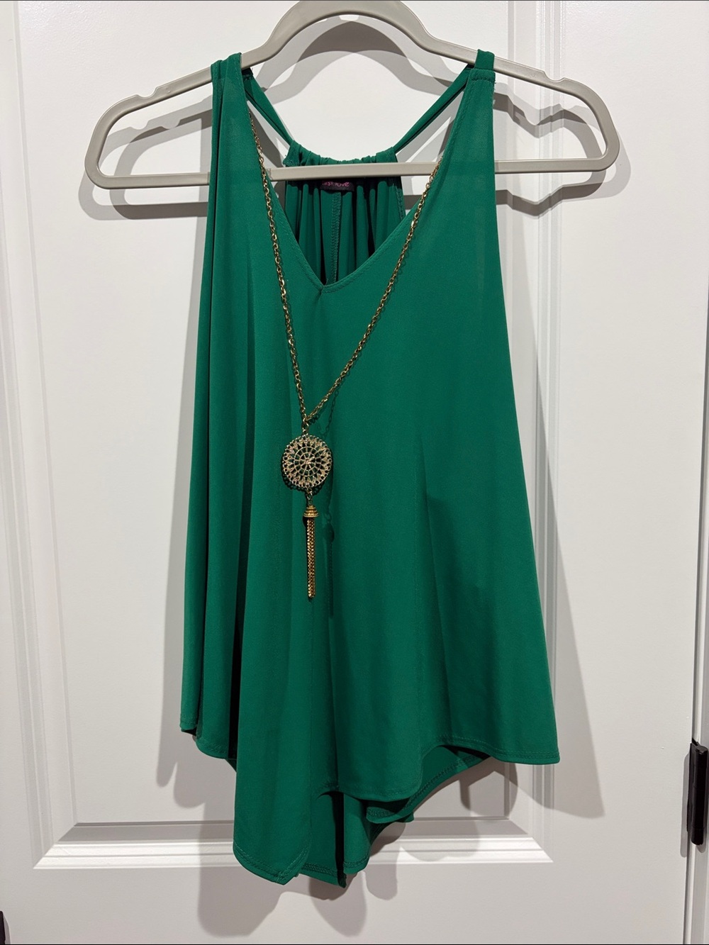 First Love Emerald Green Flowy V-Neck Tank with Necklace Accent